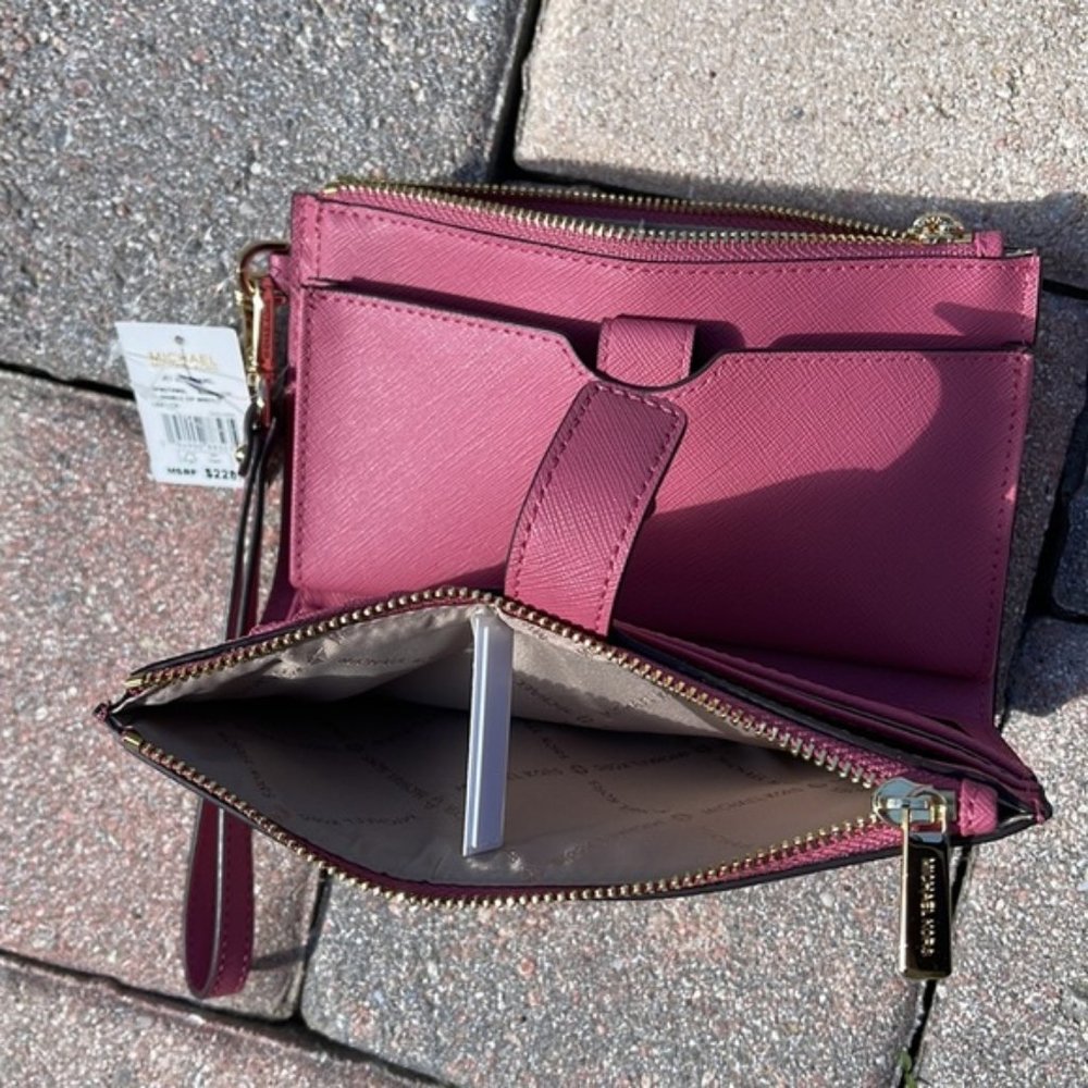 Michael Kors Jet Set Travel Large Double Zip Wristlet Wallet Rosewood Leather - Picture 13 of 16